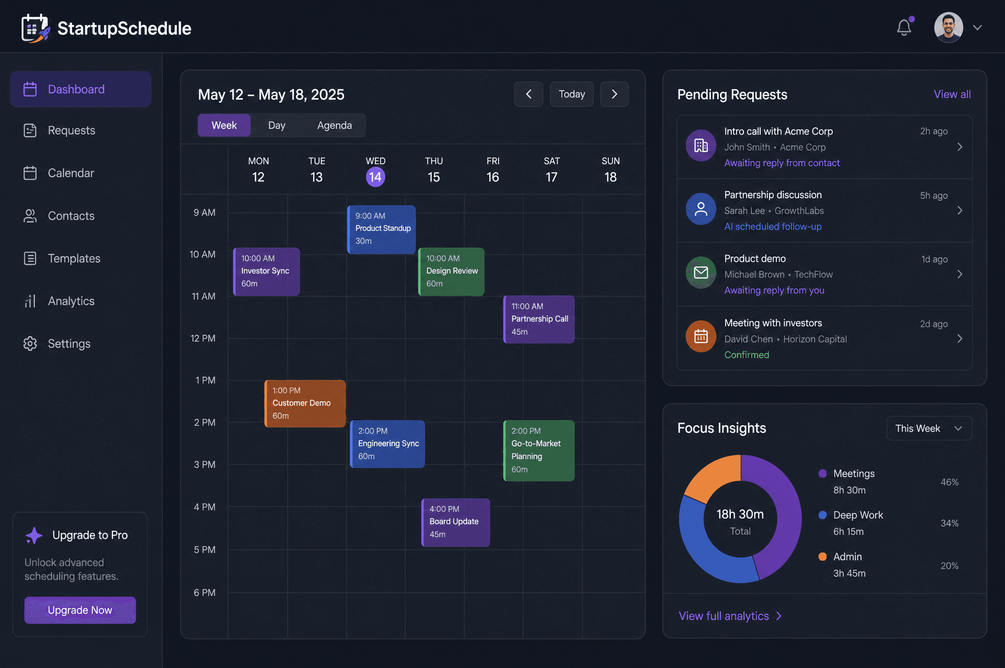 The main dashboard of StartupSchedule, showing a weekly calendar view and pending AI scheduling requests.
